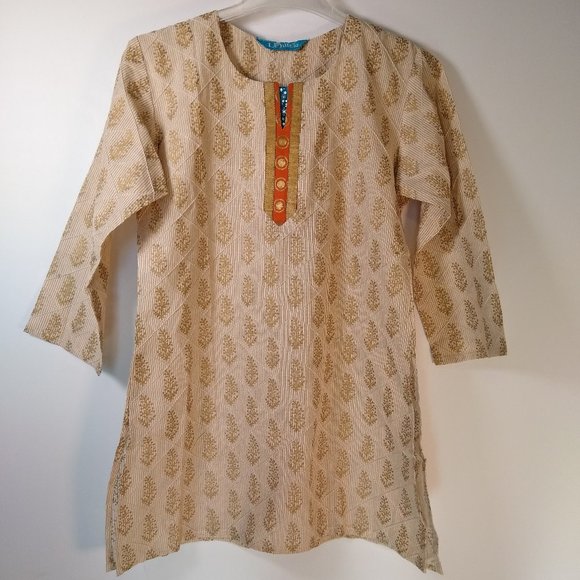 La Fille Cream and Gold Indian Tunic Kaftan Sz 32 - Picture 1 of 7